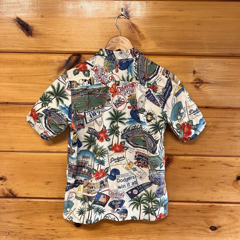 Reyn Spooner Dodgers Hawaiian Shirt Boys L 14-16 White MLB Scenic Print Aloha